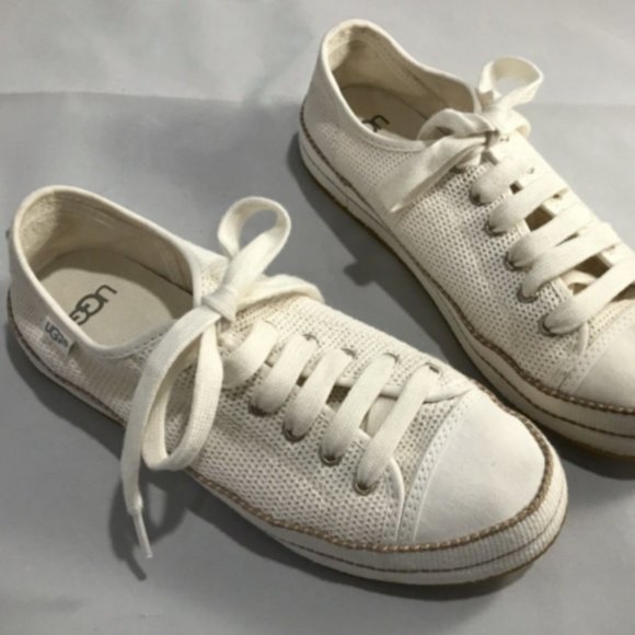 UGG LAUDI 1020094 SZ 7 Lace up Cream Beige Tan Fabric Sneakers Shoes VGC - Picture 4 of 11